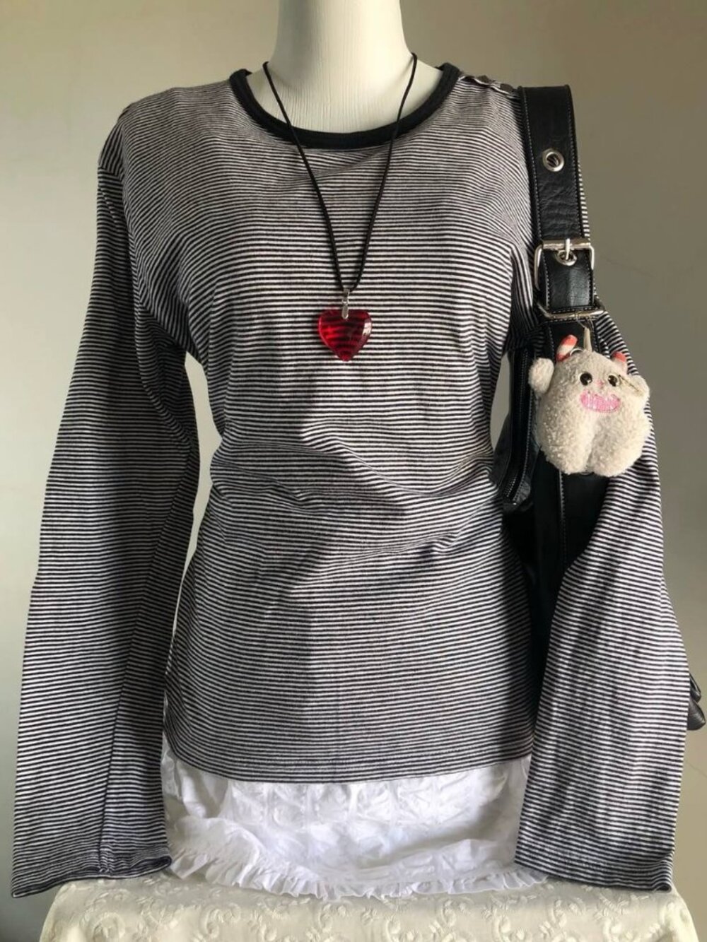 Y2K Black White Striped Long Sleeve Top Bell Sleeve Layered Fairy Grunge